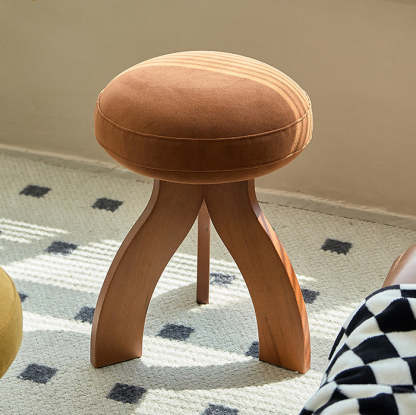 Vintage Triangle Base Wood Fabric Vanity Stool — Blue + Black Frame