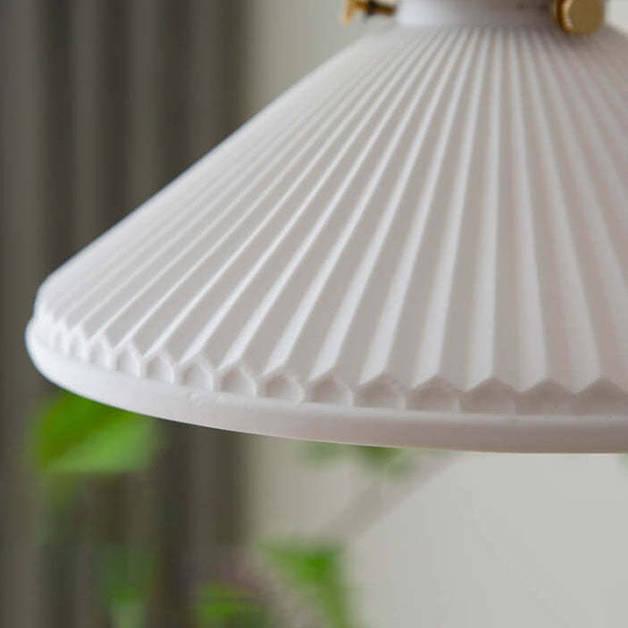 Japanese Pleated Ceramic Cone Brass Pendant Light