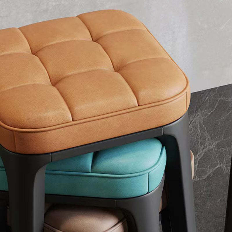 Contemporary Plaid Microfiber Leather Square Vanity Stool — Dark Blue