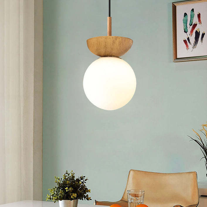 Nordic Japanese Glass Orb Wood Iron Ceiling Light
