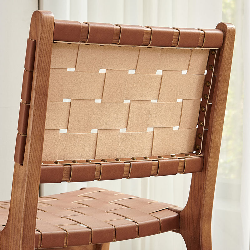 Scandinavian Woven Wood Saddle Leather Dining Chair