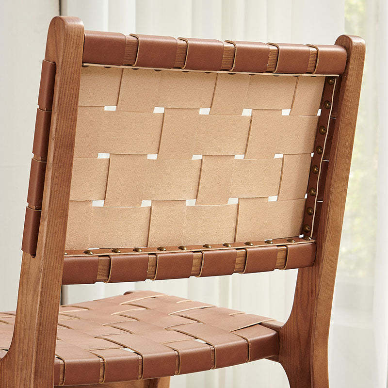 Scandinavian Woven Wood Saddle Leather Dining Chair