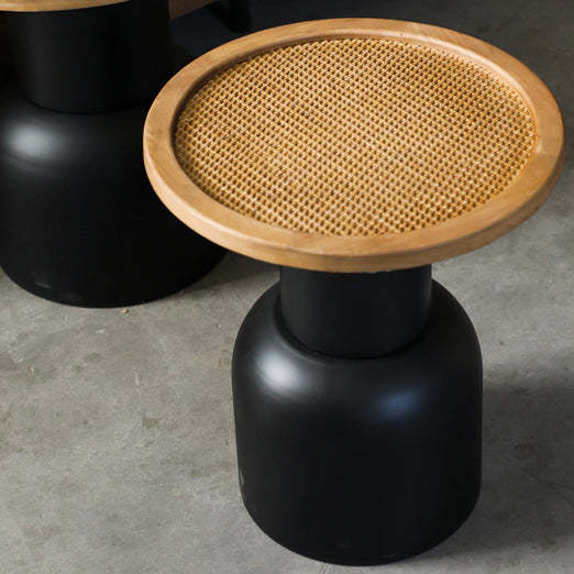 Vintage Cylinder Iron Rattan Wood End Table