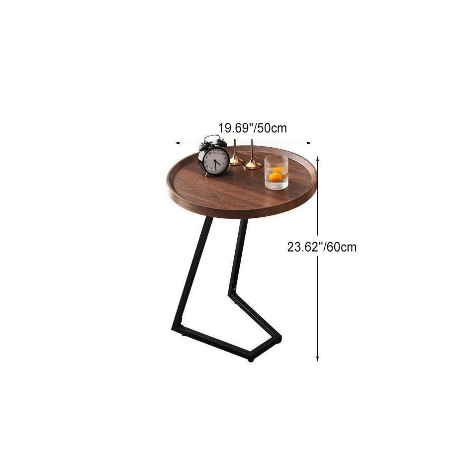 Minimalist Walnut Grain Round Tray End Table — Walnut Color + Black Frame