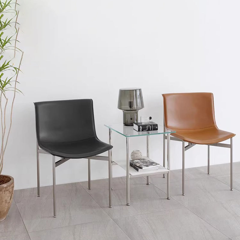 Minimalist Leather Stainless Steel Square Dining Chair — Black