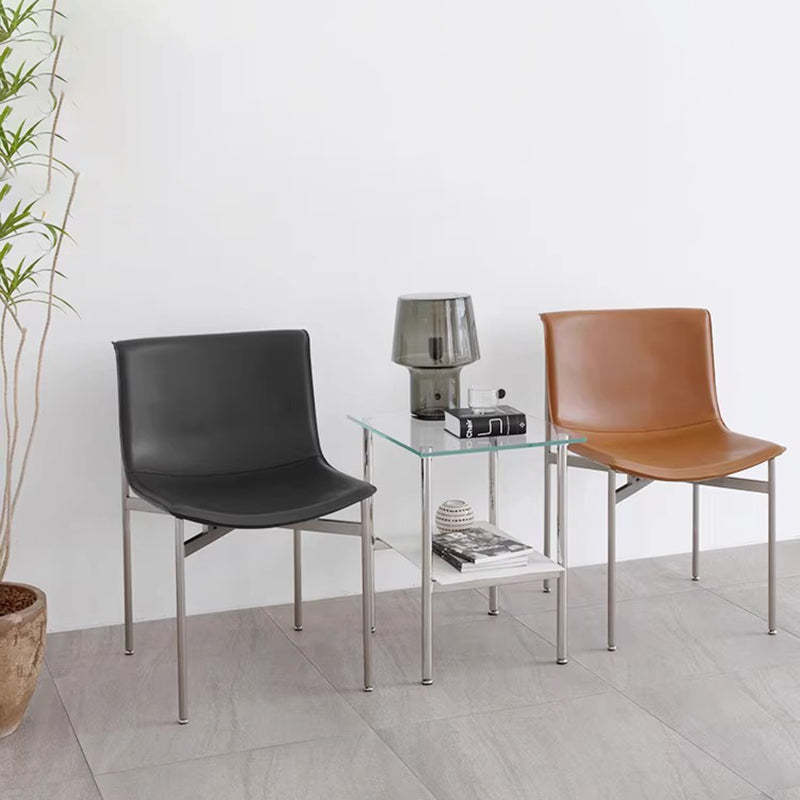 Minimalist Leather Stainless Steel Square Dining Chair — Black