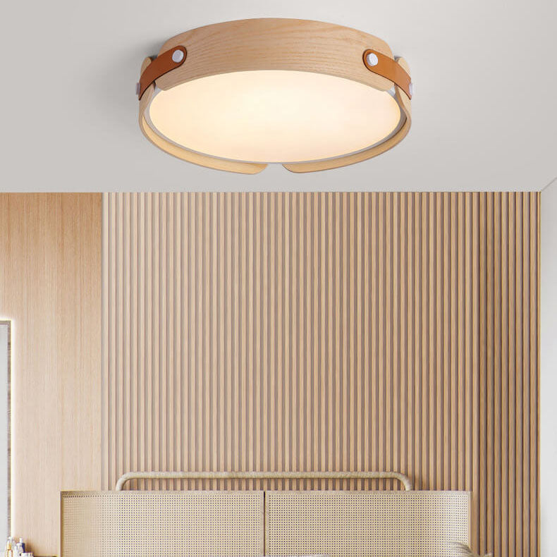 Wood minimalist solid round flush mount lighting — 2.76" H x 16.54" Dia / Warm White (3000K) / 220V-240V (UK/AU)