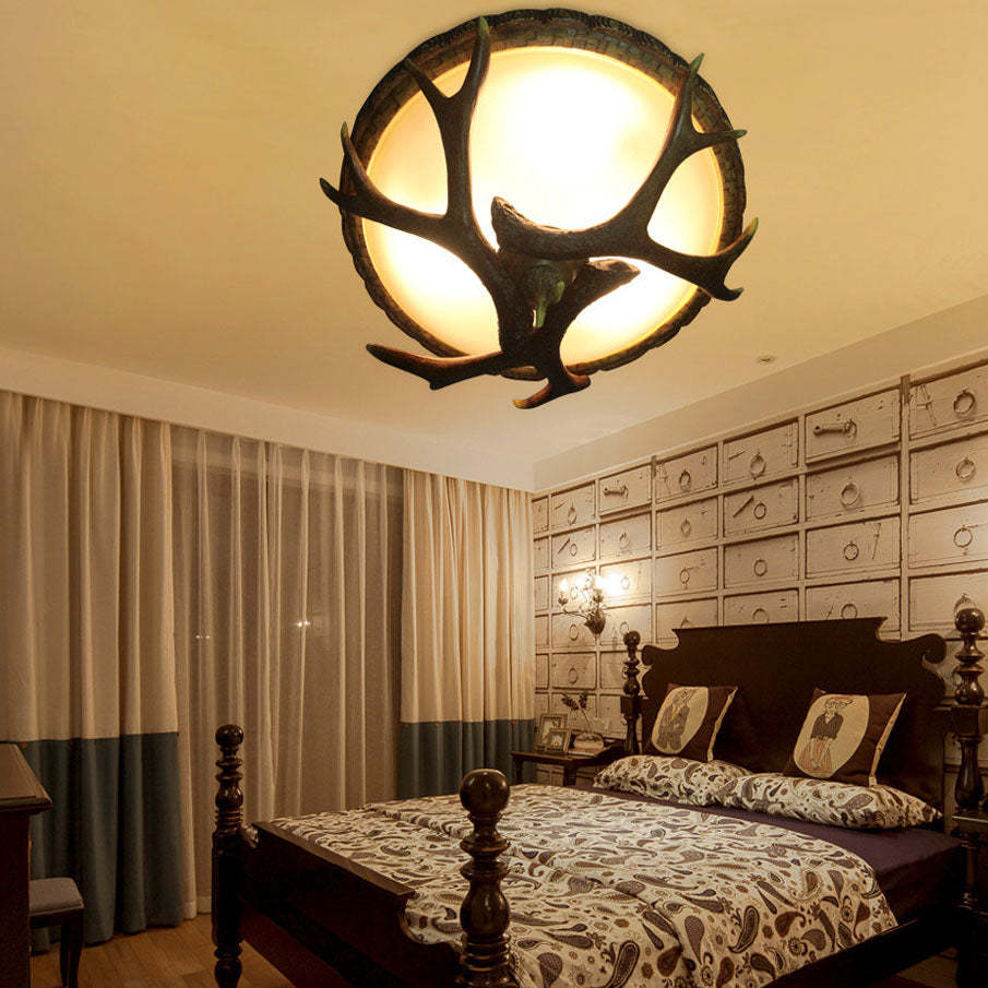 Vintage Industrial Antler Resin Glass Flush Ceiling Light — 220V-240V For UK/AU