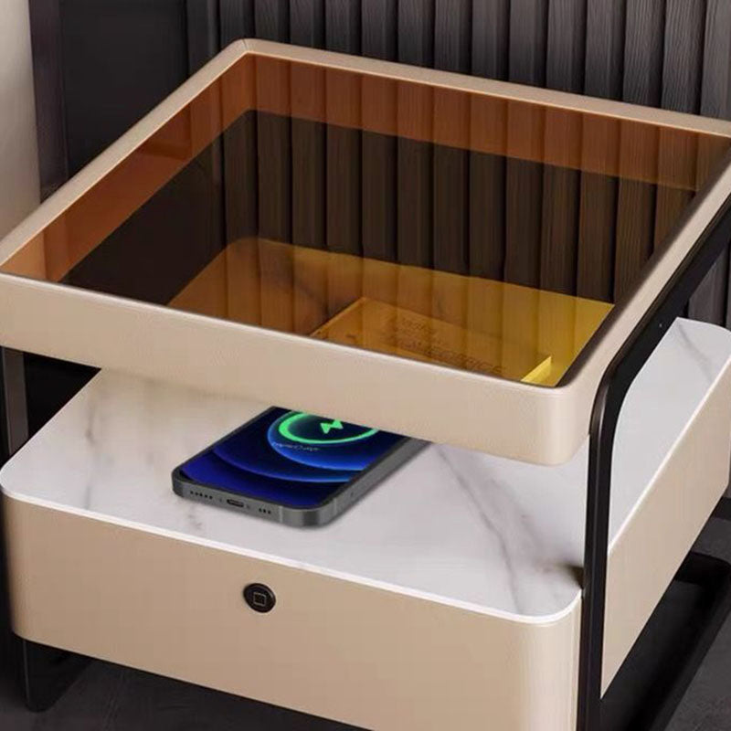 Nordic Reinforced Glass Leather Wood Nightstand 1-Drawer