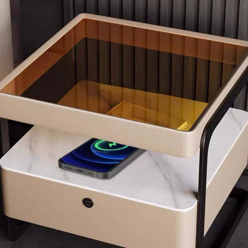 Nordic Reinforced Glass Leather Wood Nightstand 1-Drawer