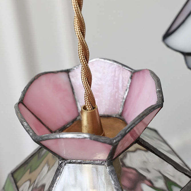 Vintage Tiffany Rose Conical Stained Glass Pendant Light