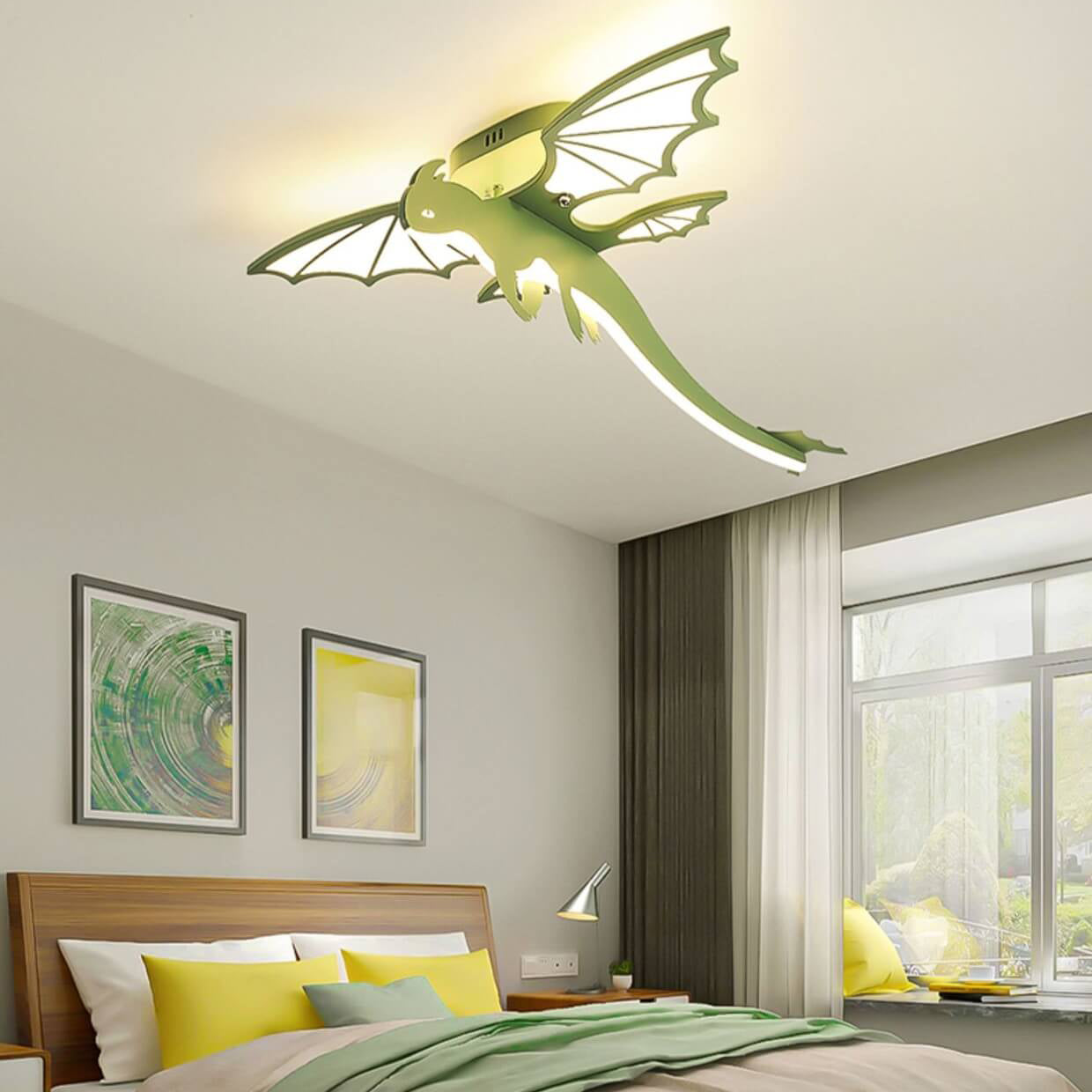 Lighom creative dinosaur green semi-flush mount light in acrylic — 11.81" H x 27.56" W / 220V-240V (UK/AU)