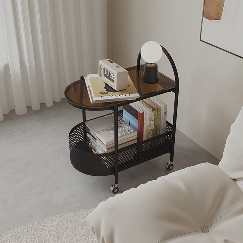 Contemporary Glass Iron Round Rolling Side Table 2-Tier
