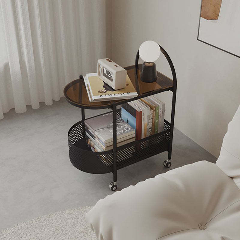 Contemporary Glass Iron Round Rolling Side Table 2-Tier