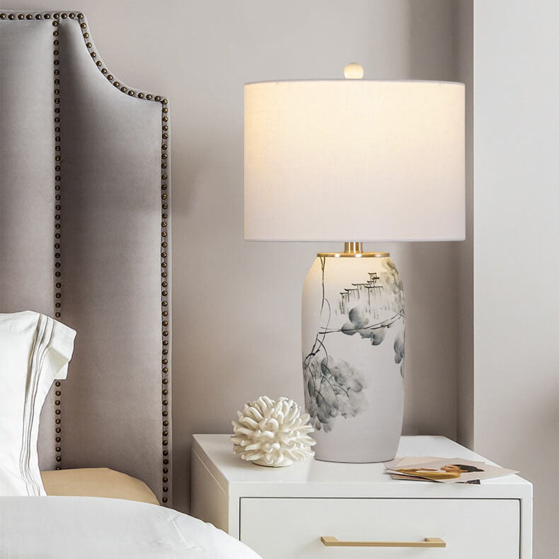 Modern Chinese Ink Ceramic Fabric Lamp — Push Button Switch / 110V-120V For US/CA