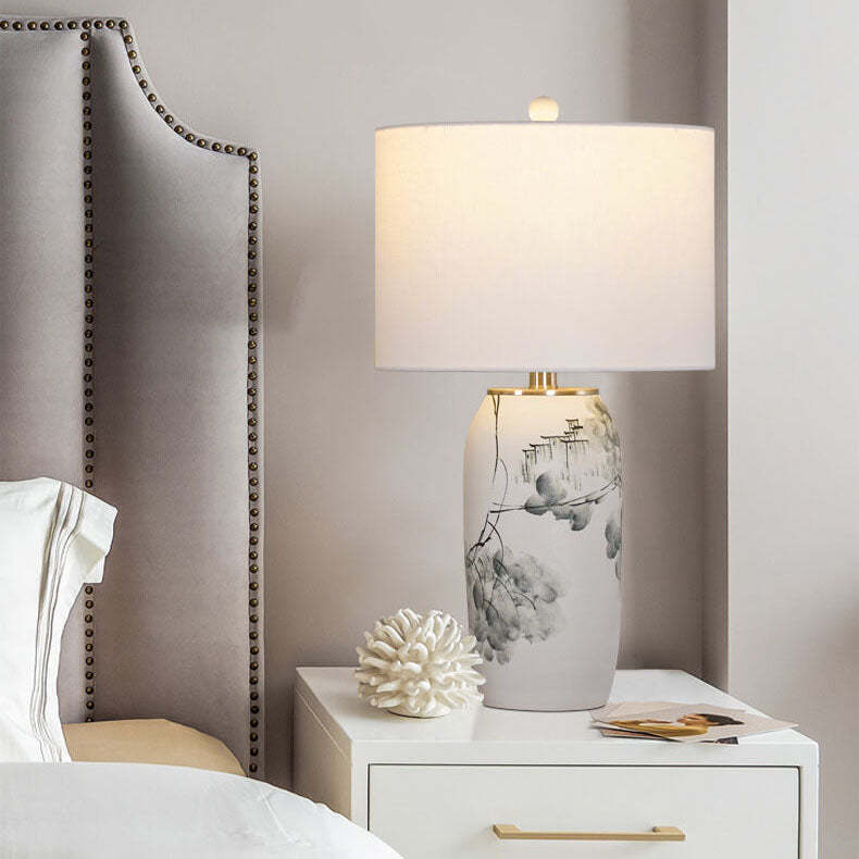 Modern Chinese Ink Ceramic Fabric Lamp — Push Button Switch / 110V-120V For US/CA