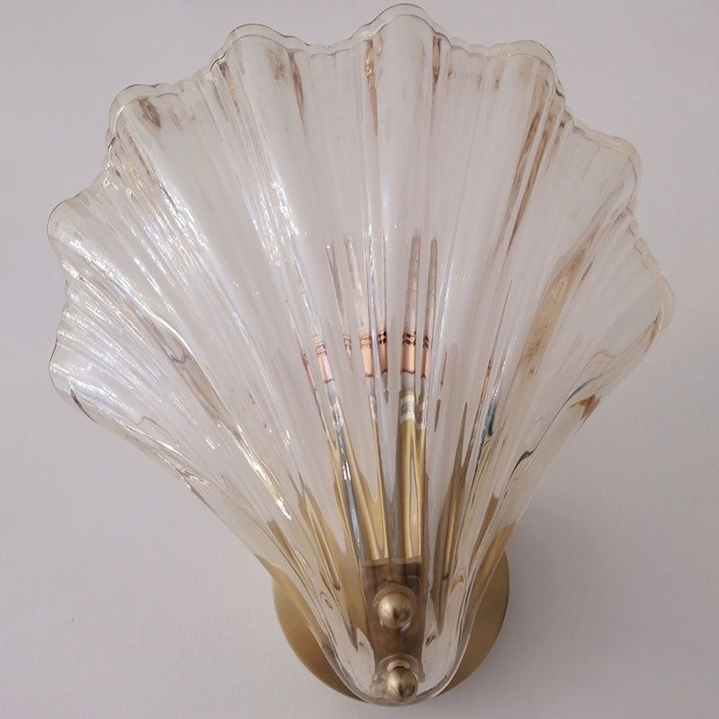 Art Deco Scalloped Shell Amber Glass Brass Wall Sconce