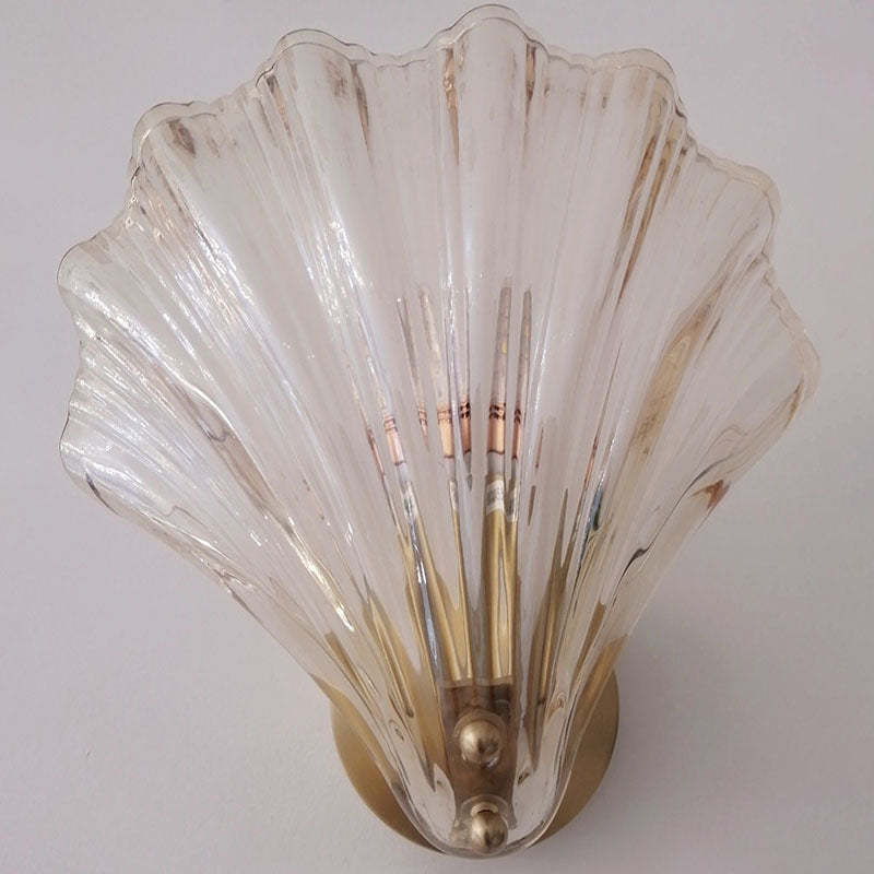 Art Deco Scalloped Shell Amber Glass Brass Wall Sconce