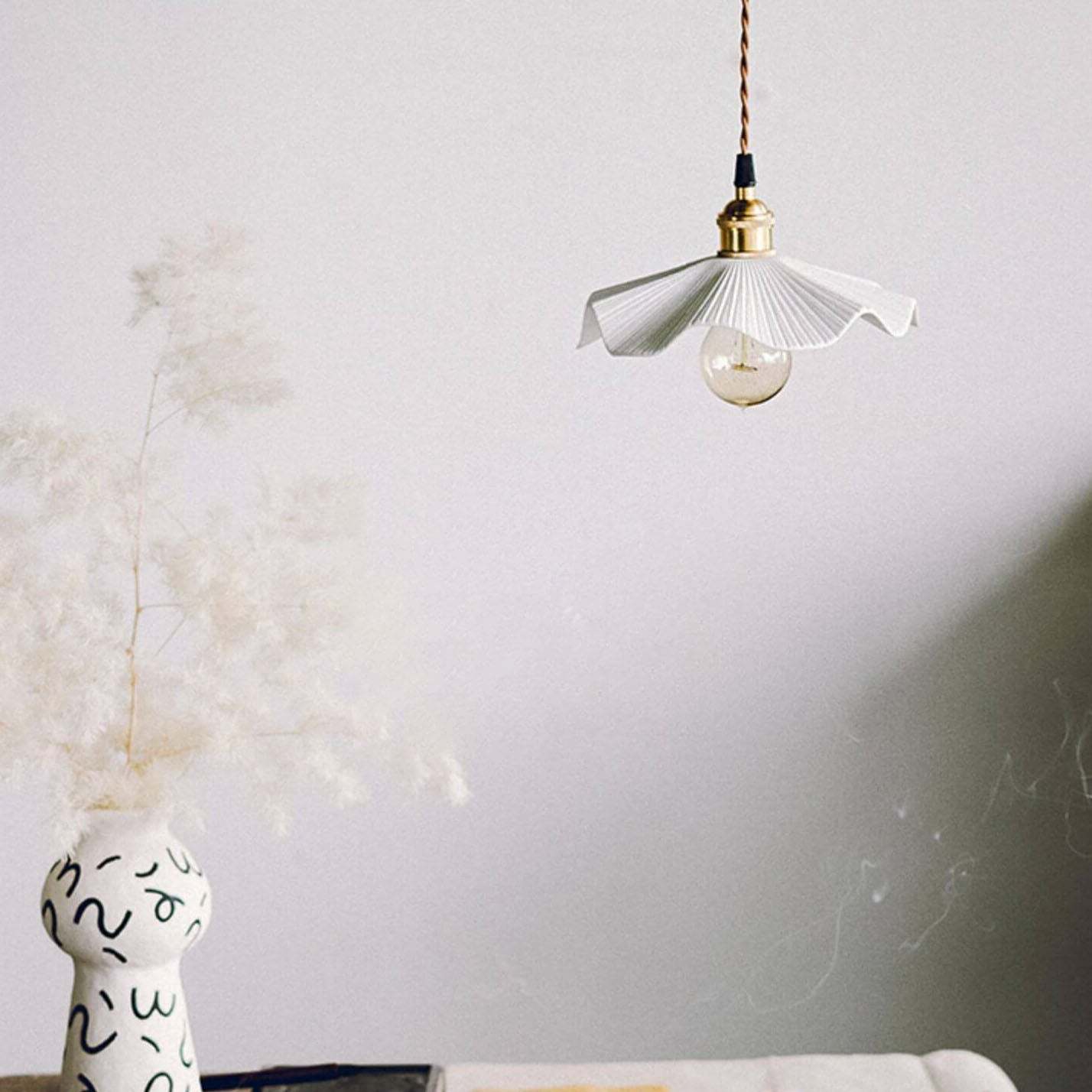 Vintage Japanese Ceramic Scalloped Copper Pendant Light