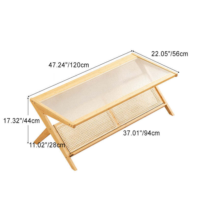 Japanese Z-Shape Wood Glass Rattan Coffee Table