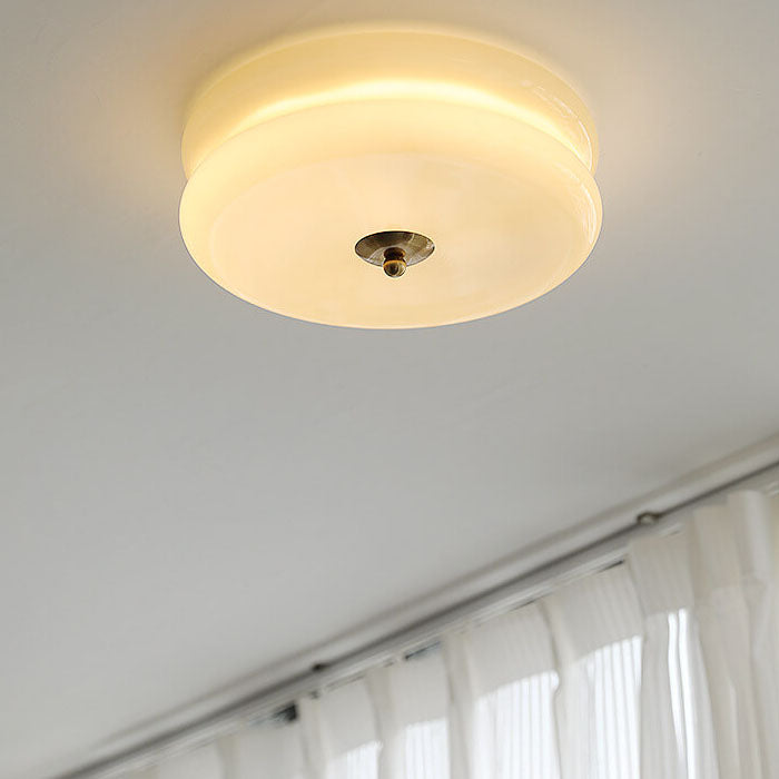 French Minimalist Cream Glass Round LED Flush Mount Light