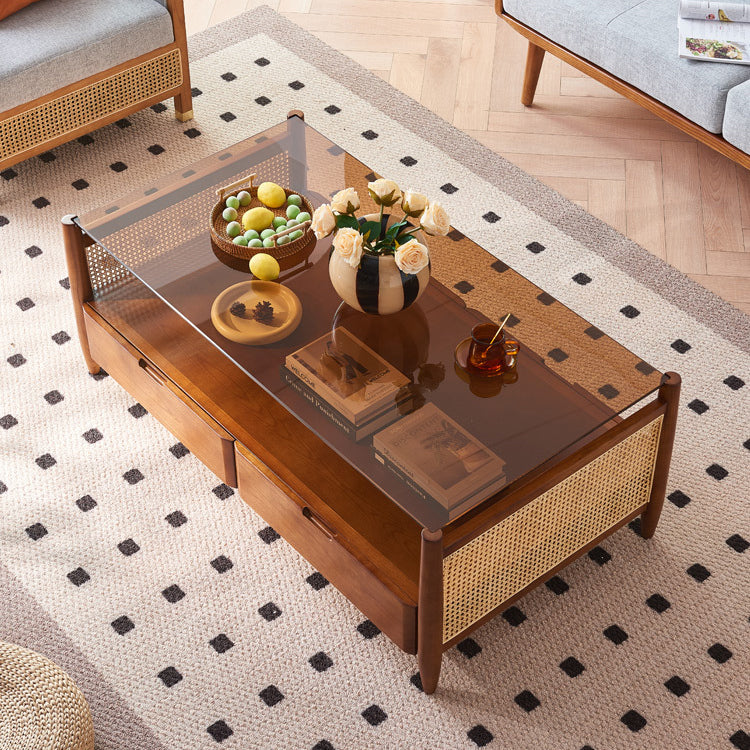 Japanese Woven Ash Glass 4-Drawer Coffee Table