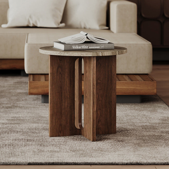 Vintage Cross-Base Travertine Wood Round Coffee Table