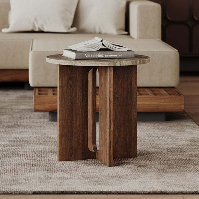 Vintage Cross-Base Travertine Wood Round Coffee Table