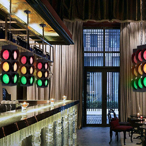 Retro Industrial Traffic Light Iron Glass Pendant