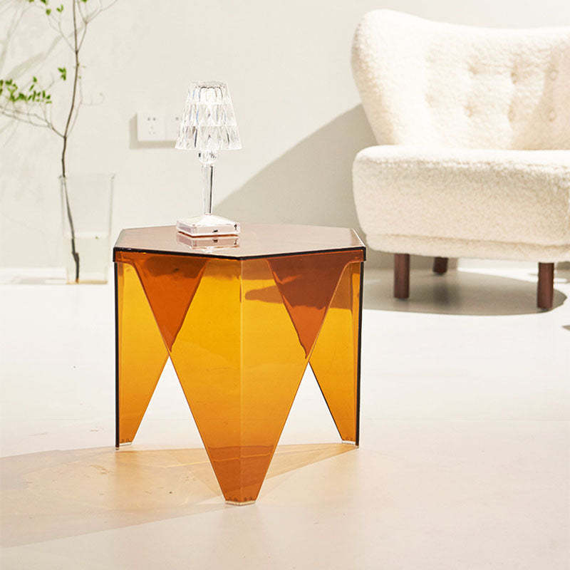 Minimalist hexagonal three-leg wood acrylic coffee tables, Lighom — Orange