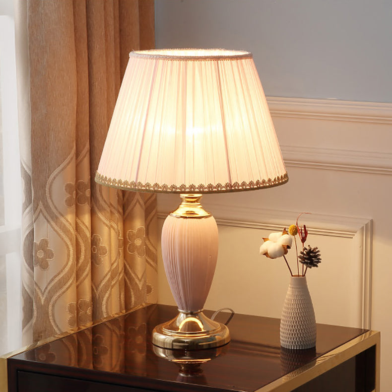 European Pleated Fabric Ceramic Column Lamp