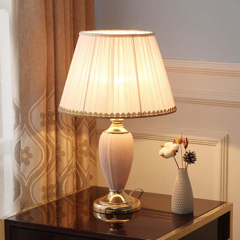 European Pleated Fabric Ceramic Column Lamp