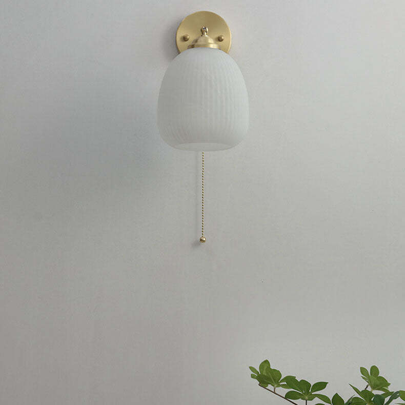 Nordic Striped Milk White Glass Brass Pull Cord Wall Sconce