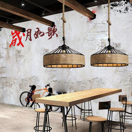 Traditional Rustic Iron Hemp Rope Pendant Light