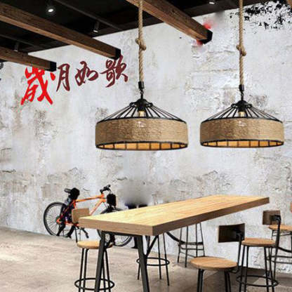 Traditional Rustic Iron Hemp Rope Pendant Light