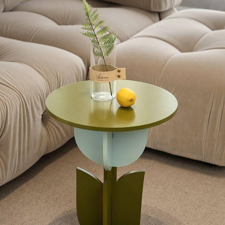 Contemporary Water Ripple Tulip Coffee Table — Pink & Green Base + Solid Wood Petal-Shaped Tabletop
