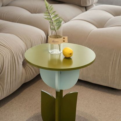 Contemporary Water Ripple Tulip Coffee Table — Pink & Green Base + Solid Wood Petal-Shaped Tabletop