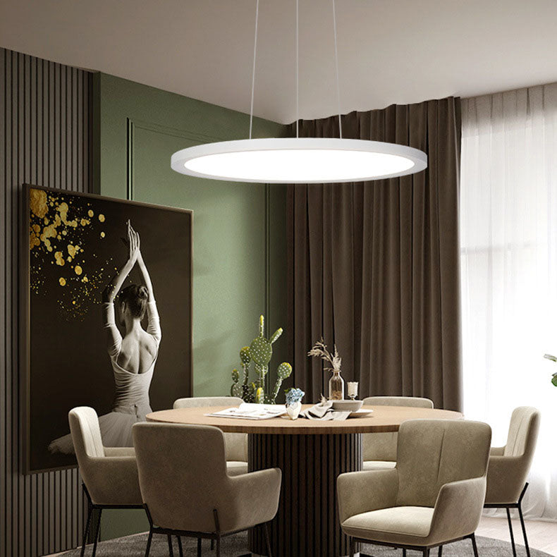 Minimalist round pendant lighting in aluminum — 15.75" W x 39.37" L x 0.59" H / Warm White (3000K) / White