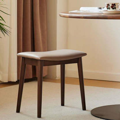 Minimalist Soft Leather Wood Vanity Stool — Brown + Walnut Frame