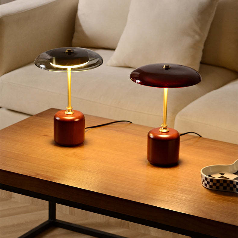 Retro Brass Wood Glass Cylinder LED Table Lamp