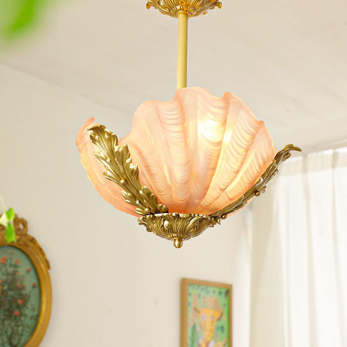 French Shell Brass Glass Chandelier