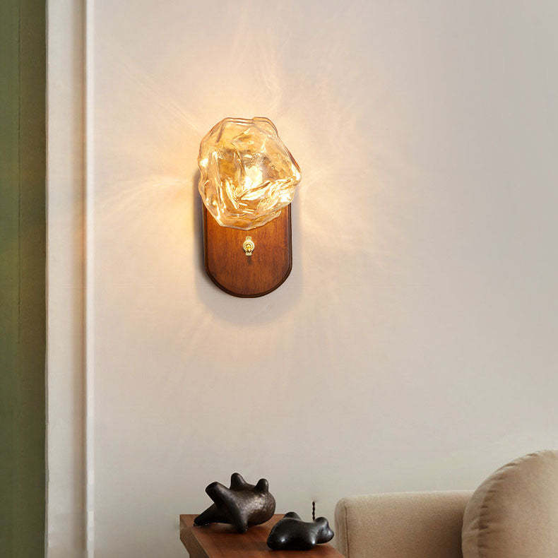 Japanese Oval Ice Cube Solid Wood Glass Sconce