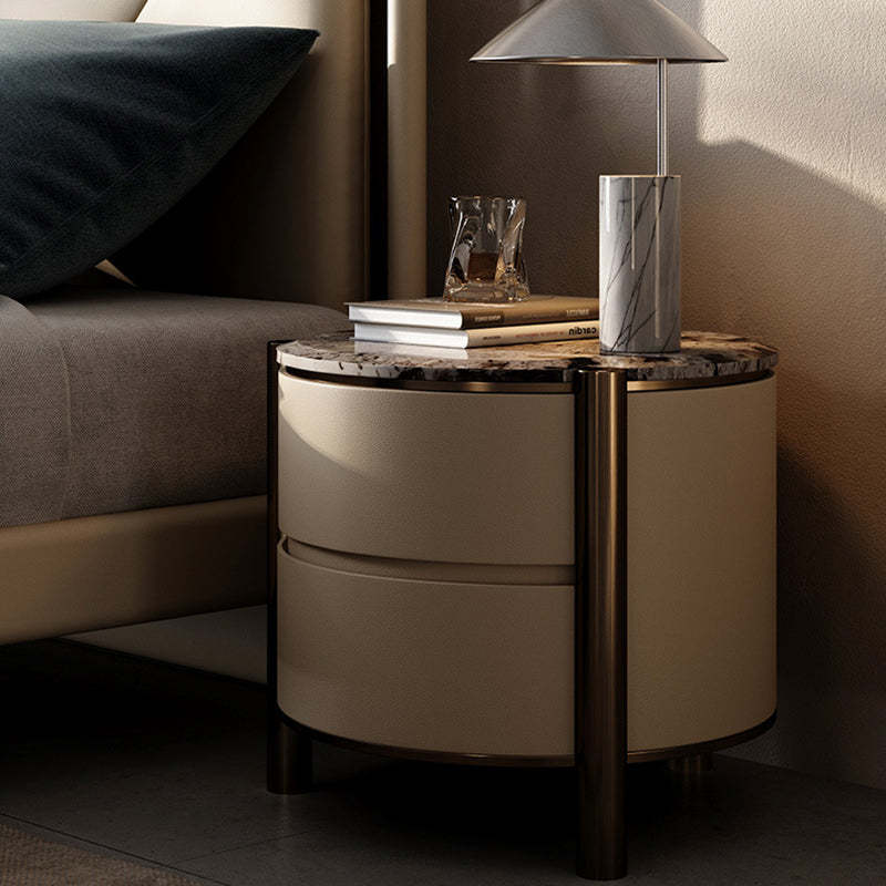 Modern Marble Solid Wood Round Nightstand 2-Drawer