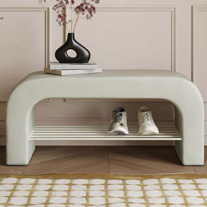 Minimalist Lambswool PU Leather Iron 1-Shelf Storage Bench — Beige
