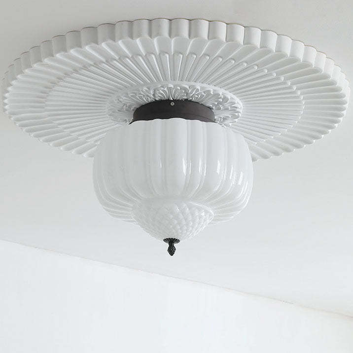 Art Deco Iron Pumpkin Glass 3-Light Flush Ceiling Light