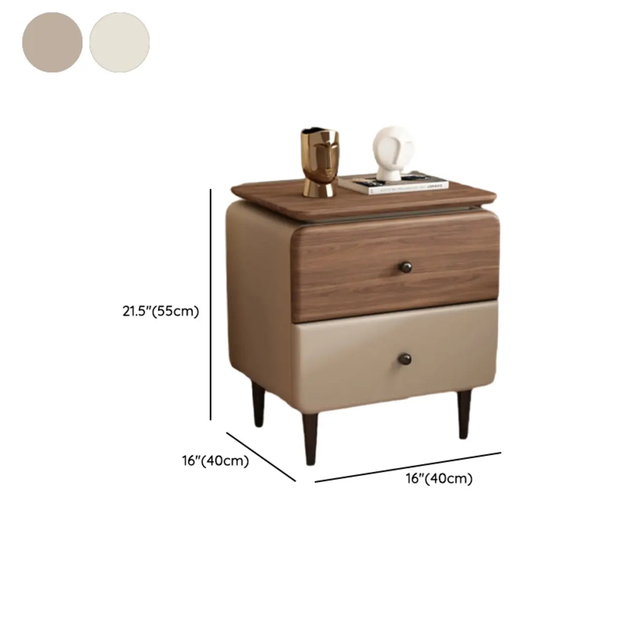 Modern Wood Leather Nightstand with Two Drawers — Dark Gray