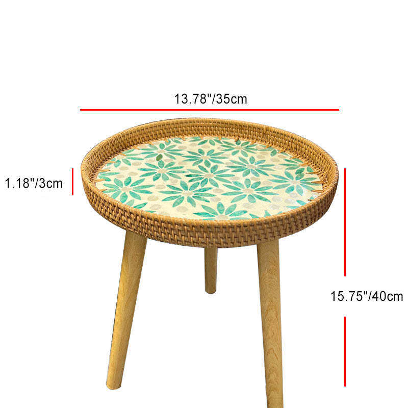Rustic Handmade Shell Wood Rattan Side Table