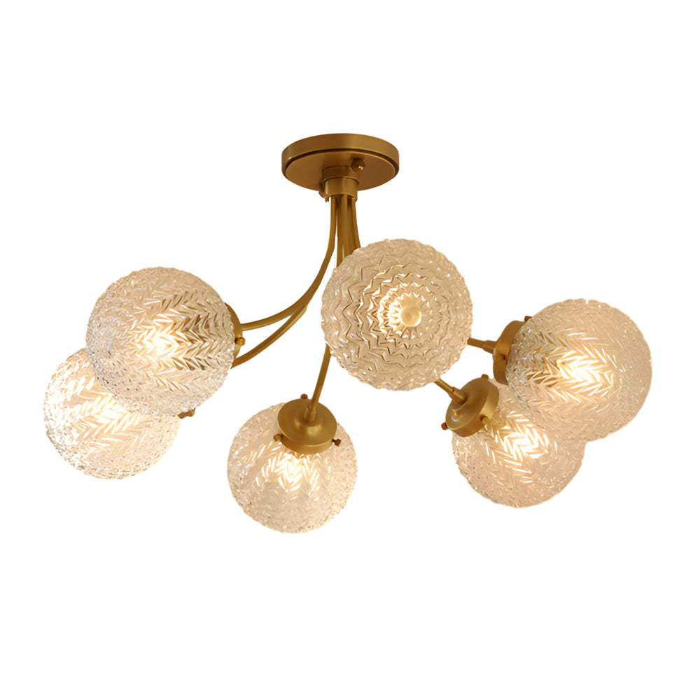 Modern Brass Carved Glass Semi-Flush Ceiling Light
