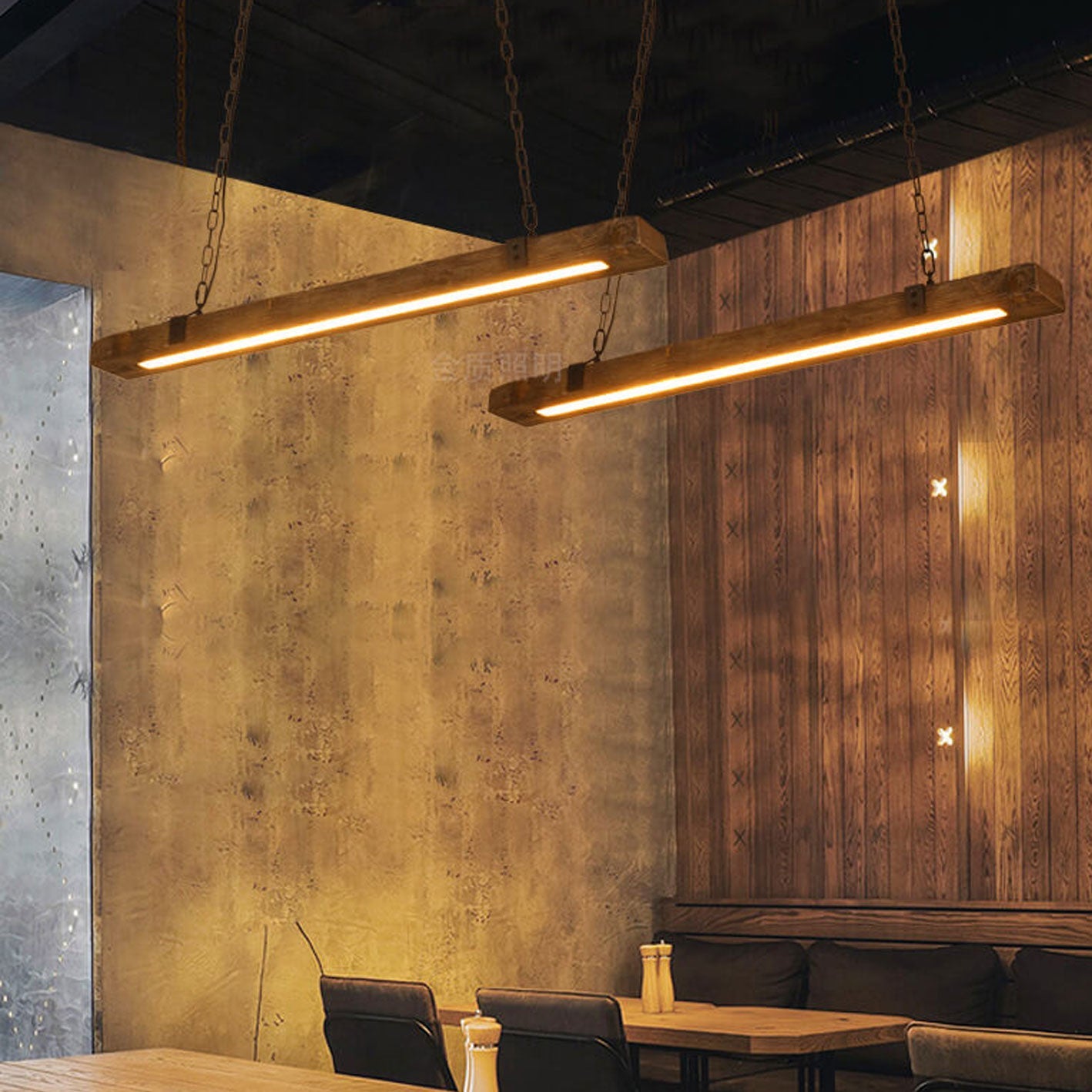 Vintage Industrial Wooden Long Bar Island LED Chandelier