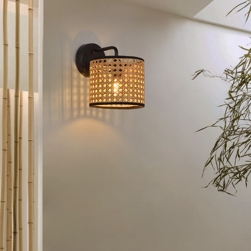 Modern Rattan Woven Drum Wall Sconce